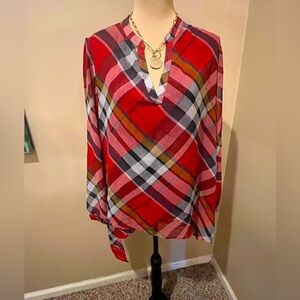 Joseph Ribkoff loose fitting flowy sheer v-neck plaid tunic popover, Size 8.